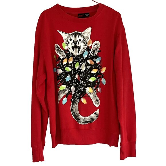 Mad Engine Red Cat Christmas Lights Sweatshirt Holiday Size M Funny - Picture 1 of 8